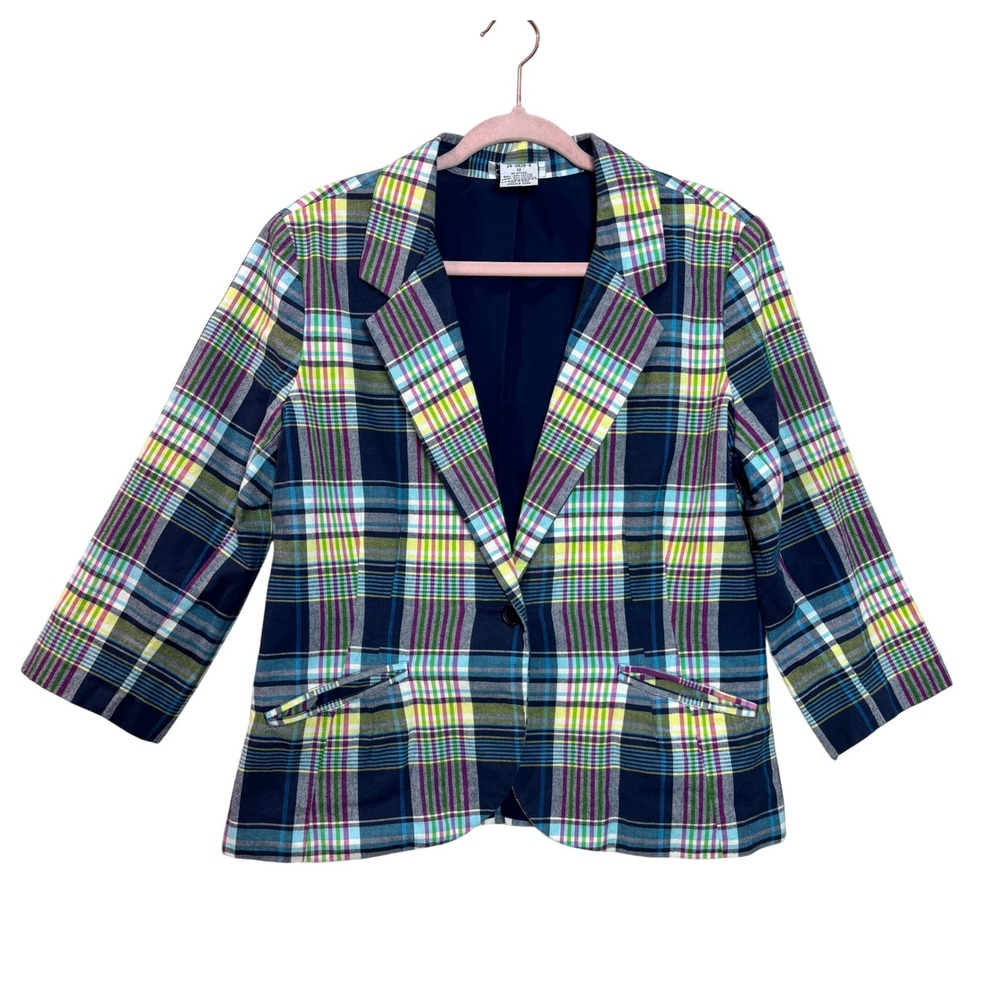 Y2K Chadwick's Plaid Cotton Blazer Women's 12 Preppy Madras Jacket 3/4 Sleeve